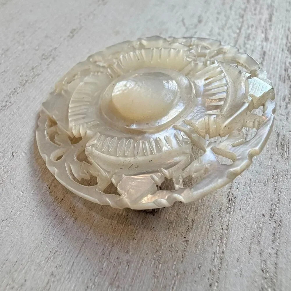Vintage Hand Carved Mother of Pearl Floral Brooch Pin
